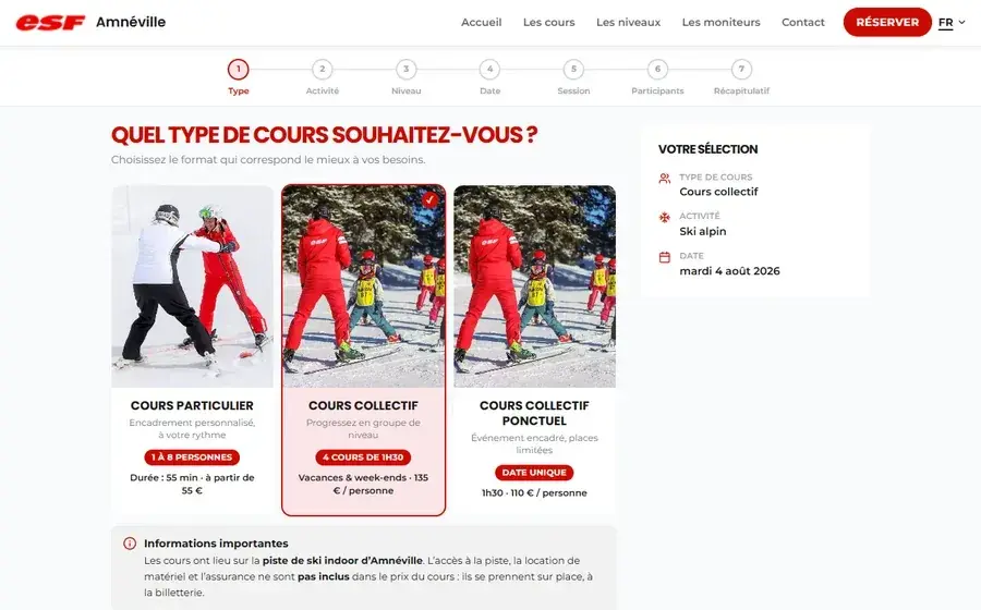 Le nouveau parcours de réservation en sept étapes, aux couleurs de l'ESF
